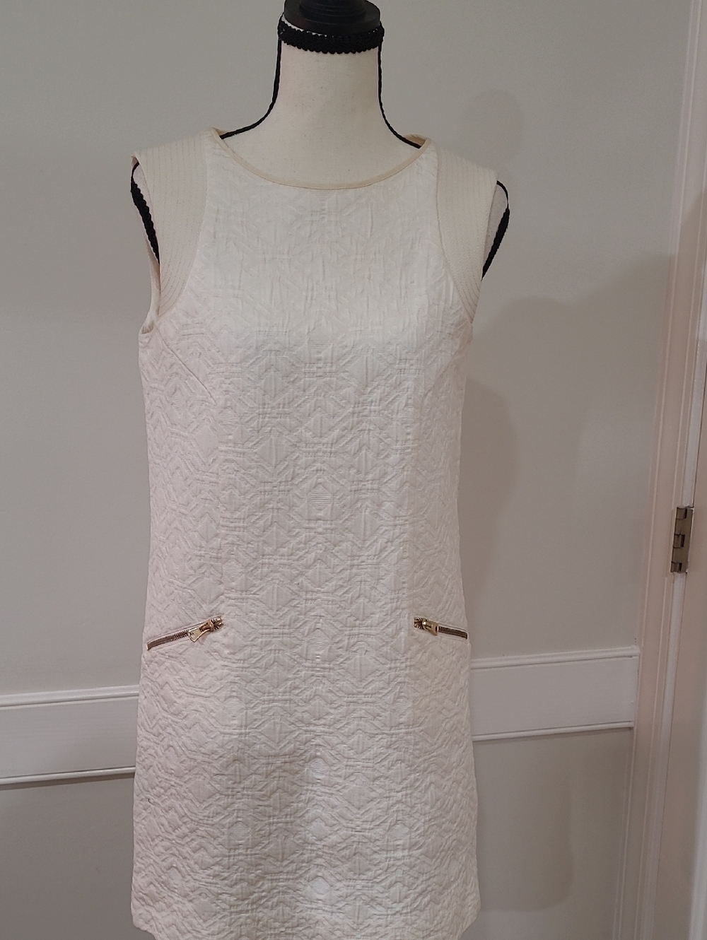 J Crew Classic White Quilted Sleeveless Dress with Gold Zipper Accents - Size S